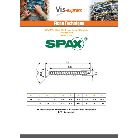 1 x Spax Puuruuvi uppokantainen TORX T20 4,5x40 Kokonaan kierteytetty WIROX