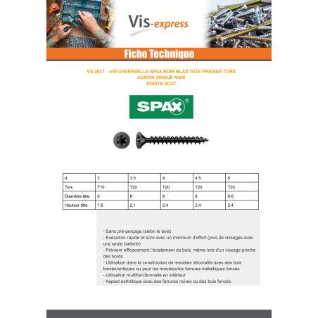 1 x Spax Puuruuvi uppokantainen TORX T20 4,5x45 Kierteytetty kohteessa 34 Musta sinkitty teräs
