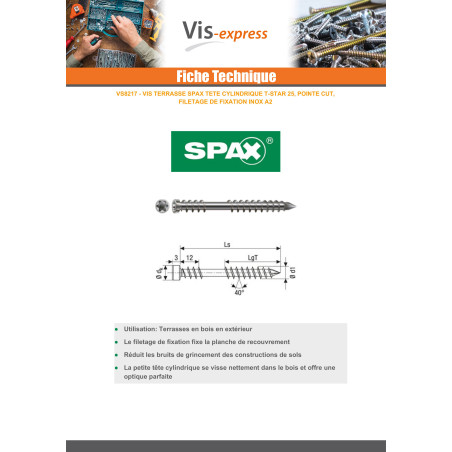 1 x Spax Terassiruuvi Lieriöpää TORX T25 5x70 Ruostumaton teräs A2