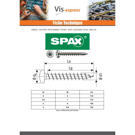 1 x Spax Puuruuvi Pyöreä pää T-STAR+ TORX T15 Kokonaan kierteytetty 3,5x30 Ruostumaton teräs A2