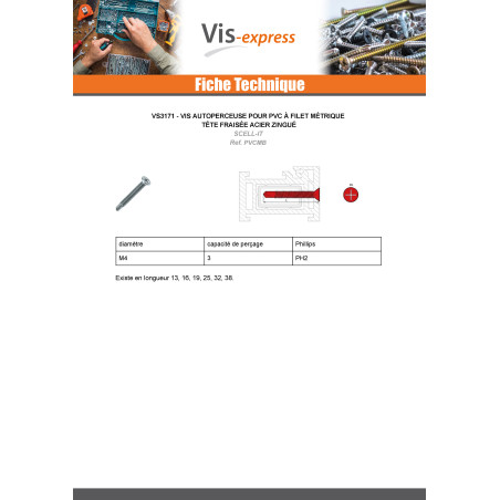1 x Itseporautuva ruuvi PVC Metallit uppokantainen Phillips 2 4X16 Sinkitty teräs