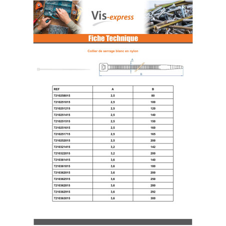 1 x Letkunkiristimet vit nylon Polyamidi 6.6 2,5x200