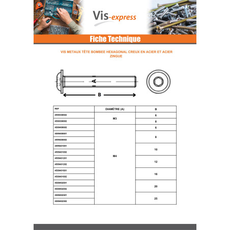 1 x Metalliruuvit BHC (Bombée Hexagonal creux / kupukantainen kuusiopää) Laippakanta M8X70 Avain 5 HC5 Luokka 10.9
