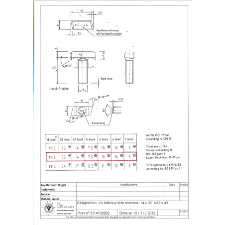 1 x Metalliruuvit Vasarapää M12x40 14X35 Sinkitty teräs