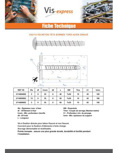 1 x Betoniruuvi Pää Kupumainen TORX TORX T30...