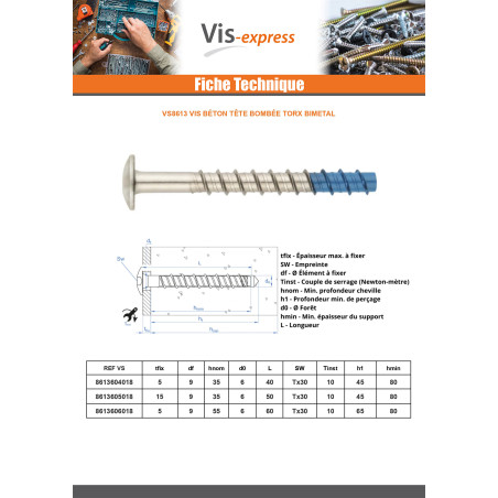 1 x Betoniruuvi Pää Kupumainen TORX TORX T30 6x50 Bimetalli