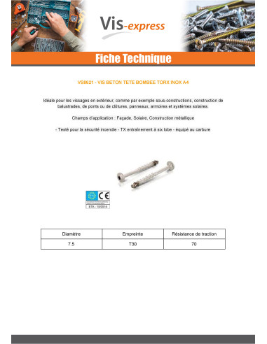 1 x Betoniruuvi Pää Kupumainen TORX T30...