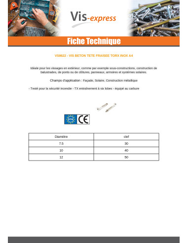 1 x Betoniruuvi Uppokanta TORX T30 Ruostumaton...